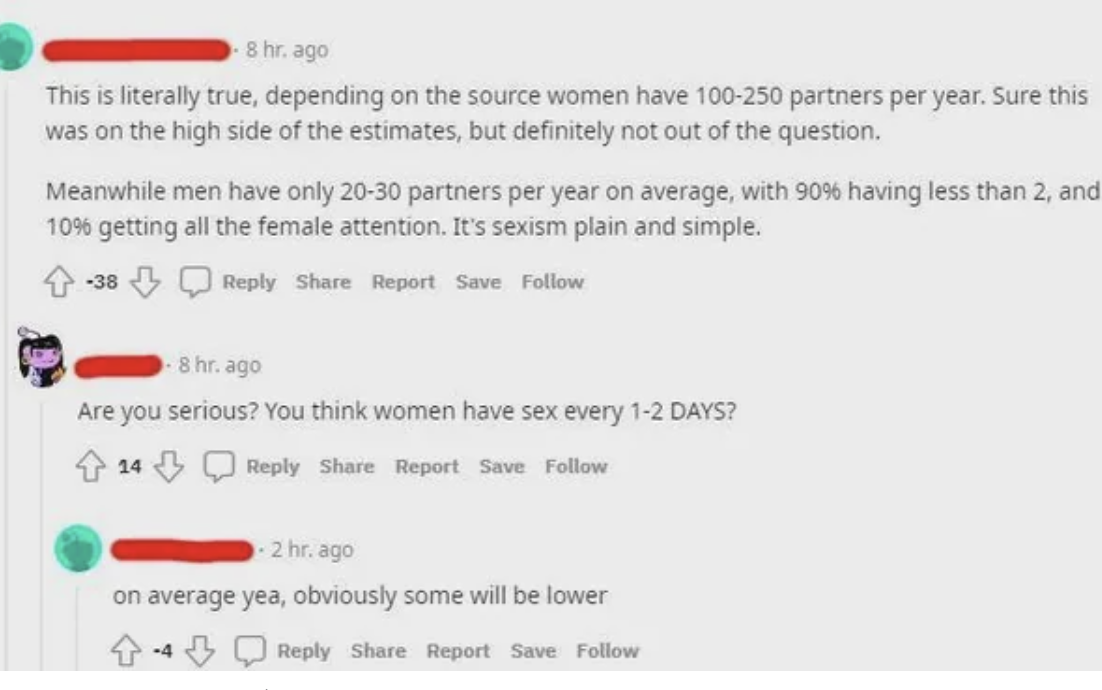 screenshot - 8 hr. ago This is literally true, depending on the source women have 100250 partners per year. Sure this was on the high side of the estimates, but definitely not out of the question. Meanwhile men have only 2030 partners per year on average,